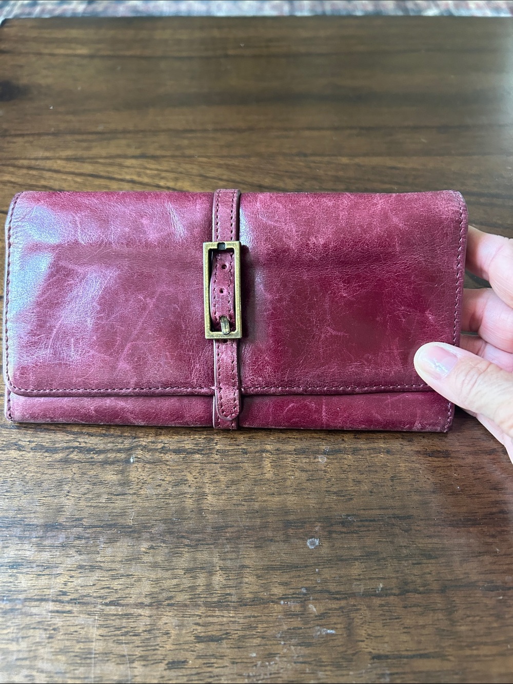 Leather Clutch Wallet in Burgundy with Buckle Strap